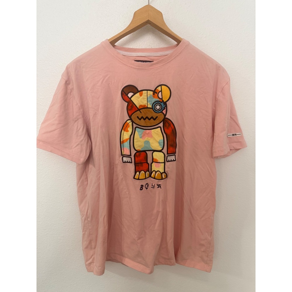 BKYS Mens Pink Graphic T-Shirt Patchwork Bear Streetwear XL Short Sleeve Tee